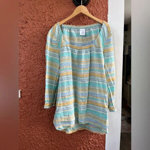 Lands End Women 100% Linen Peasant Tunic 3/4 Sleeve Blue Green Yellow Size Small